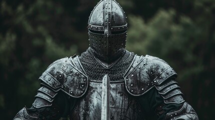 Mysterious medieval knight in armor standing in a dark forest