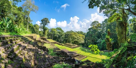 Chimu temple, Nazca temple, Mapuche temple. Vast tropical rain forest. Lush jungle. Blue sky.