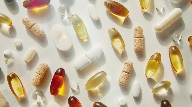 Assorted pharmaceutical medicine pills tablets with white background, tile video background.