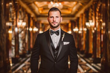 Fototapeta premium Elegant groom in black tuxedo at luxurious venue