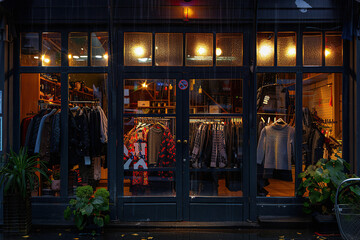 Thrift shop in a historic downtown district, featuring a curated selection of vintage clothing and accessories. Thrift Shop Day on August 17