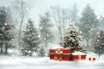 Christmas background with gift boxes and christmas trees in snowy forest