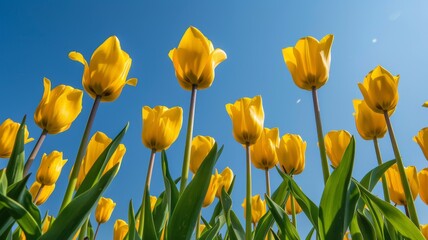 Obraz premium Vibrant Yellow Tulips Reach for the Blue Sky. Spring Flowers in Full Bloom