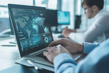 Businessman analyzing global data on a laptop screen. Digital marketing and global business background. Suitable for data analysis, business strategy, technology.