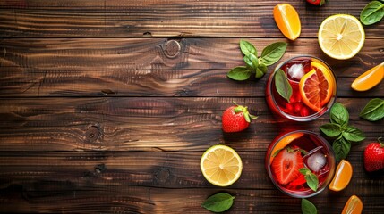 Refreshing summer sangria with citrus and strawberries on wooden background