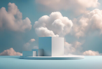 Cloud background podium blue 3d product sky white display platform render abstract stage pastel scen