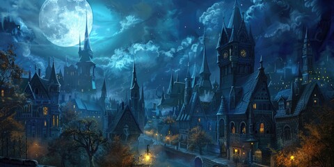 Obraz premium City night panorama, old fantasy style