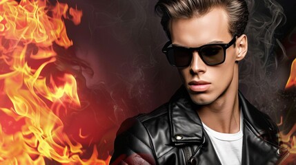 Stylish man in leather jacket with fire background