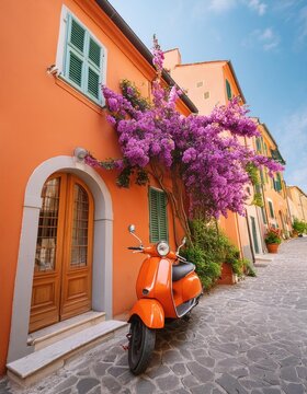 Fototapeta Orange scooter parked on a colorful Italian street