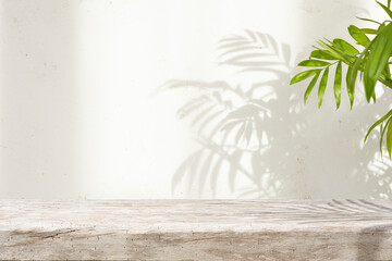 Blank wooden table space with green houseplant leaves in sunlight shadow on abstract stucco wall background