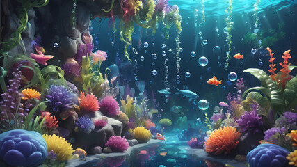 Fototapeta premium Create an under the sea scene with bright light, bubbles, plants, flowers and aquatic vines, bright, crisp and colorful colors, realistic 3d cartoon