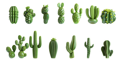 Set of 3D cactus plants on a white background.