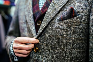 Elegant businessman adjusting stylish tweed suit with pocket square