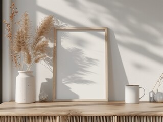 frame mockup, Minimalist decor with a blank photo frame, dried pampas grass in a vase, and a coffee mug on a wooden shelf bathed in soft natural light.