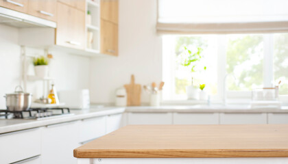 Space for product montage on wooden table top over blurred kitchen counter interior background