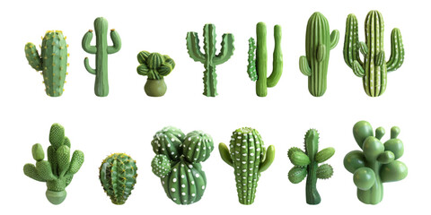 Set of 3D cactus plants on a white background.