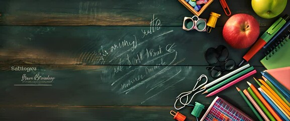 Colored various school supplies and an alarm clock on a green paper background. Back to school and education concept. Flat lay, top view, copy space. School plan and to do list.