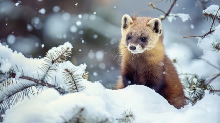 Obraz premium Close up of a marten sitting in the snow in a forest at winter.