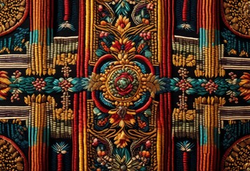 Obraz premium intricate woven tapestry close displaying detailed patterns textures, design, elaborate, ornate, complex, weaving, craftsmanship, textile, fabric, artistry