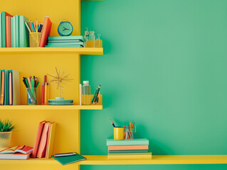 A solid yellow shelf with school supplies such as notebooks, pens, and pencils in an isolated room with a green background, emphasizing the vibrant colors for an educational background.