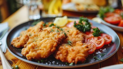 Close up of delicious Wiener schnitzel on the table, international and popular food concept