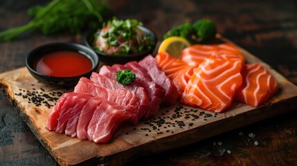  Close up of Fresh raw Madai fillet steak and sashimi on wooden board background, delicious food for dinner, healthy food, ingredients for cooking