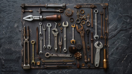Fototapeta premium A square of assorted engineering tools on a dark grey backdrop.