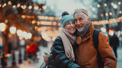 A joyful elderly couple is skating in the park in autumn, enjoying the fresh air and reliving their golden years