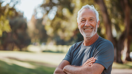 Obraz premium A fit elderly man does outdoor sports in the park on a sunny day, maintaining his health and physical fitness with regular physical exercises