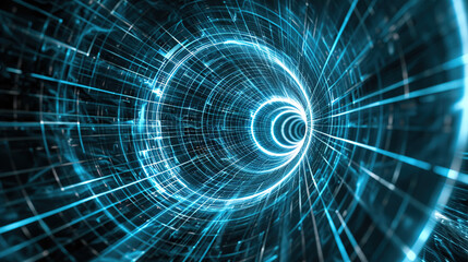 Fototapeta premium Abstract Blue and Green Grid Pattern on Black Background with Central Light Passage, Resembling a Wormhole or Portal.