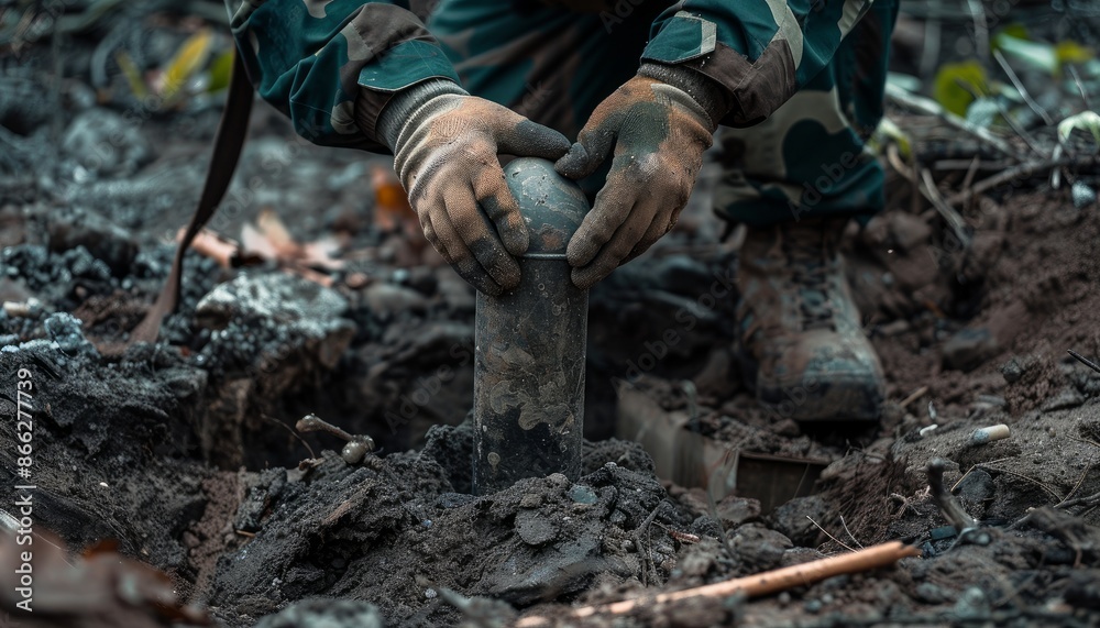 Sticker A soldier places an explosive mine with his hands in a shallow hole