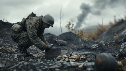 A soldier places an explosive mine with his hands in a shallow hole