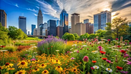 Vibrant wildflowers burst with color in a lush urban green oasis, teeming with biodiversity, amidst towering skyscrapers and concrete infrastructure of a bustling city center.