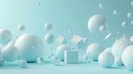 3d balls and cubes on a soft blue gradient background, with copy spaces