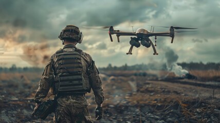 A soldier with his back to the camera launches a drone with explosives to fly towards the enemy
