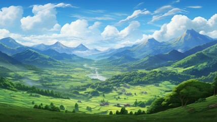 Fototapeta premium Stunning digital art of a lush green valley, river flowing through fields and mountains under blue sky. Ideal for nature, travel, and fantasy themes.