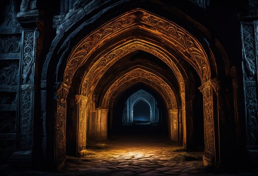 eerie gothic archway illuminated eyes peering through darkness, spooky, mysterious, entrance, glowing, gaze, staring, shadowy, creepy, ancient, portal, bright