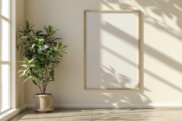 Close-up layout of poster frame in empty interior, 3d visualization, Pearl background