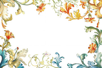 An elegant floral frame with vibrant flowers and leaves on a white background