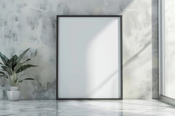 Close-up layout of poster frame in empty interior, 3d visualization, Silver background