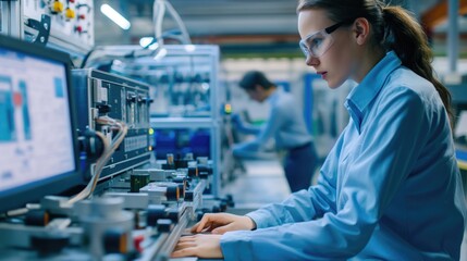 Female engineer working with advanced machinery in a high-tech factory. Industrial engineering and automation background. Suitable for engineering, technology, industrial development.