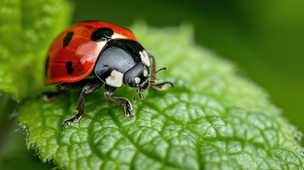 Fototapeta premium Closeup of a ladybug sitting on a green leaf