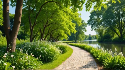 Obraz premium A vibrant photograph of a serene riverside path lined with lush green trees and flowering plants. The clear blue sky adds to the tranquility.