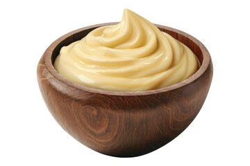 Mayo sauce in wooden bowl isolated on transparent background