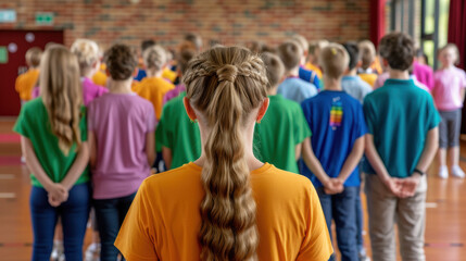 Mockup of a school assembly with students and teachers gathered, united and spirited
