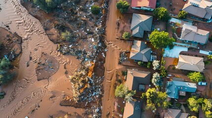 Fototapeta premium Aerial view of houses damaged by debris flow during rainstorm causing devastation