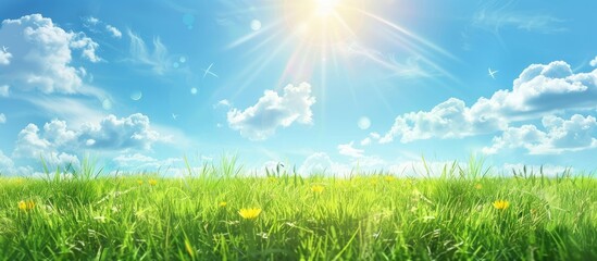 Obraz premium Summer landscape background with green grass field and blue sky