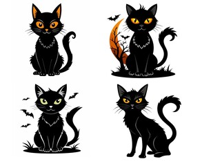 set of 4 black cats in vector style, bats in the background, for Halloween decoration and other sketches