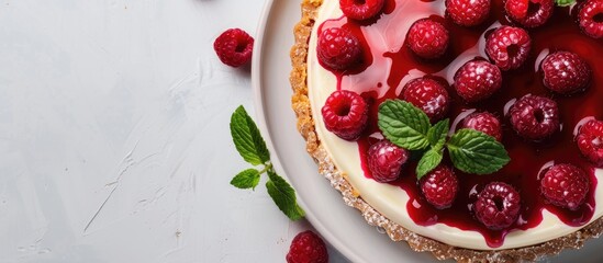 Top view of raspberry cheesecake with mint leaves on white plate. Ample space for text.