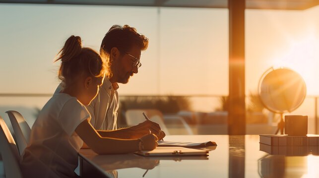 A father and daughter are sitting at a table in their home. The father is helping his daughter with her homework. The daughter is looking at a globe. Back to school concept.